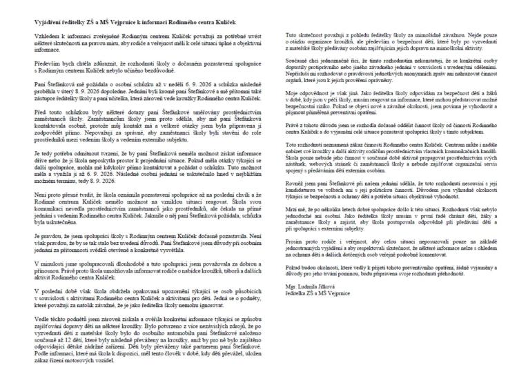 Vyjádření ředitelky ZŠ a&nbsp;MŠ Vejprnice k&nbsp;informaci Rodinného centra Kulíček